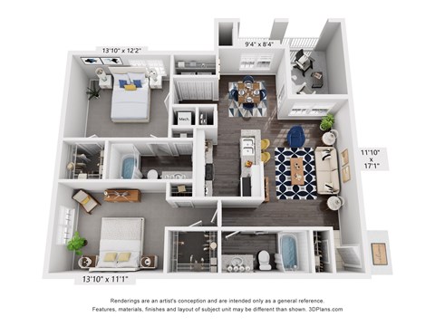 A 3D floor plan of a small apartment with a kitchen, living room, and bathroom.